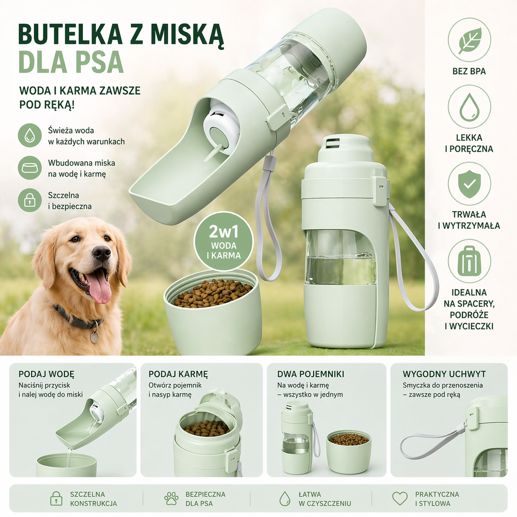 Butelka z miską dla psa 2w1 🐾 – idealna na spacery i podróże