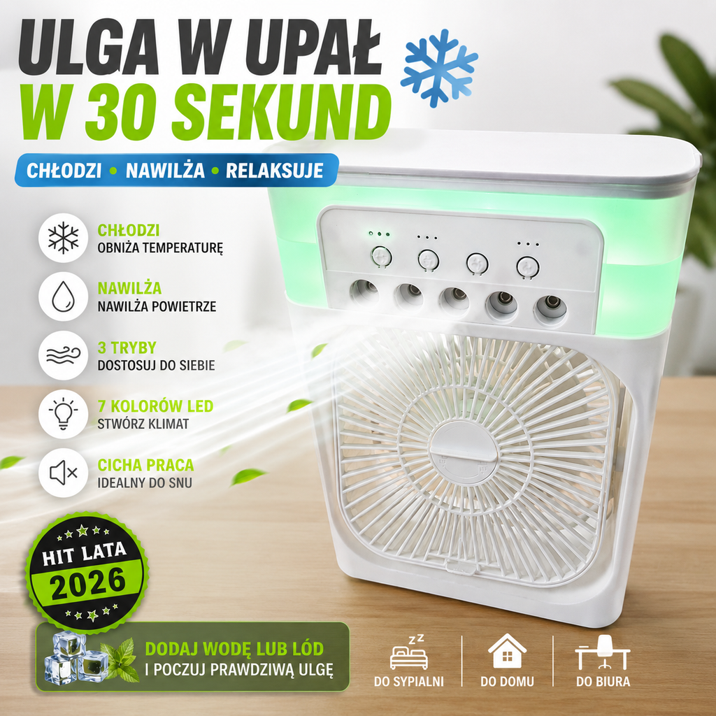 Mini Klimatyzator 3w1 – Wentylator, Nawilżacz z Mgłą, LED