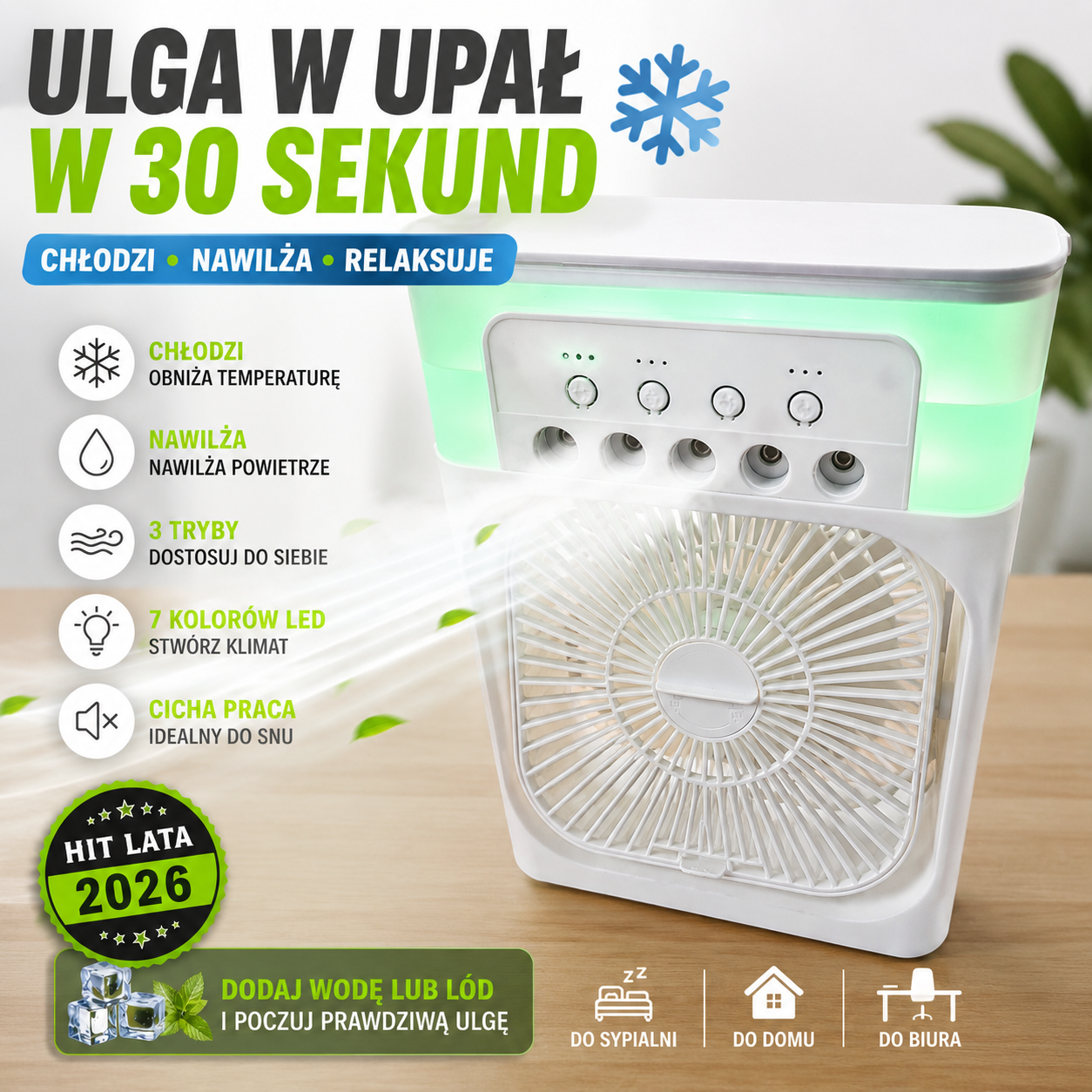 Mini Klimatyzator 3w1 – Wentylator, Nawilżacz z Mgłą, LED